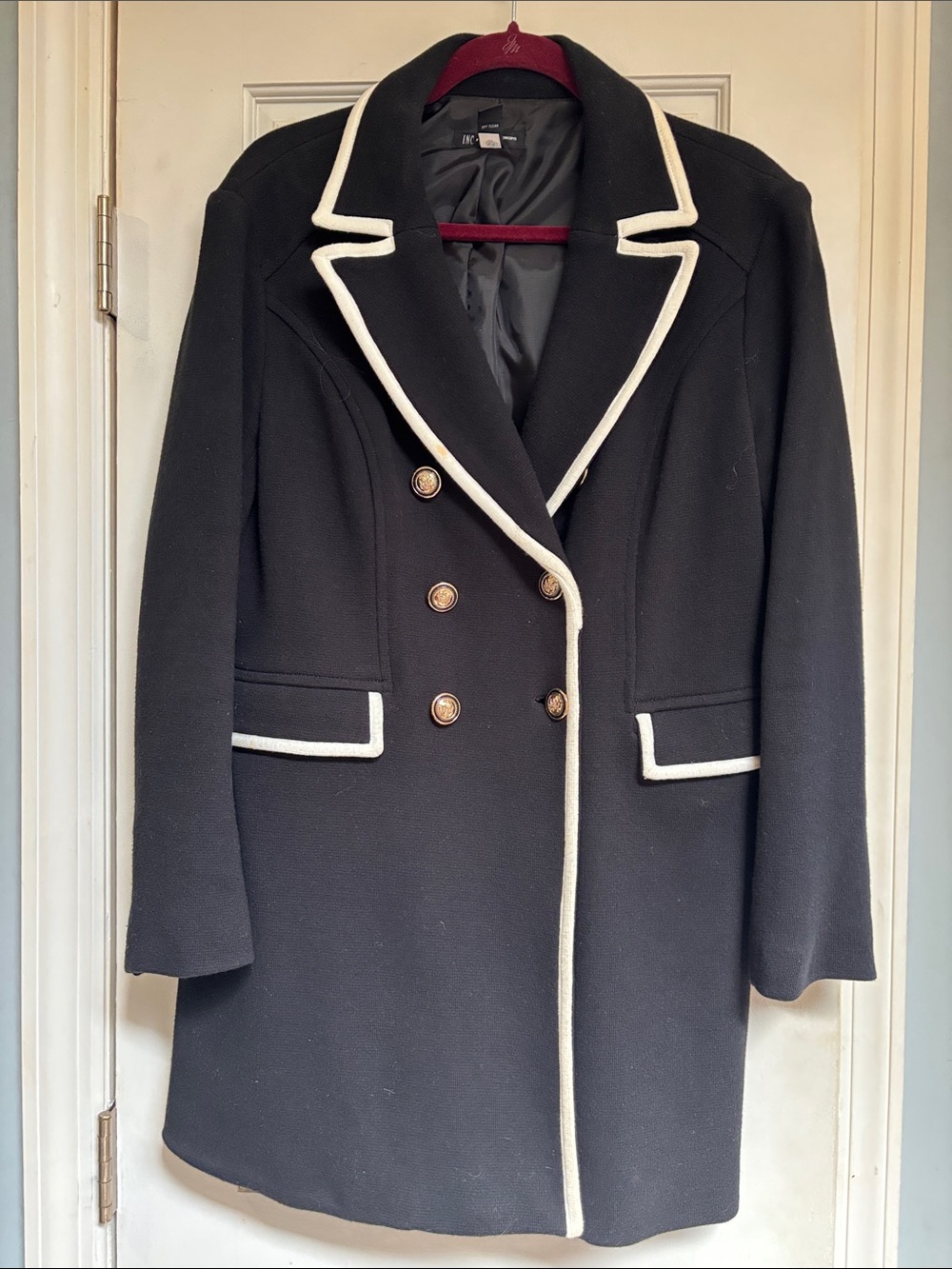 INC International Concepts Black Pea Coat with White Trim